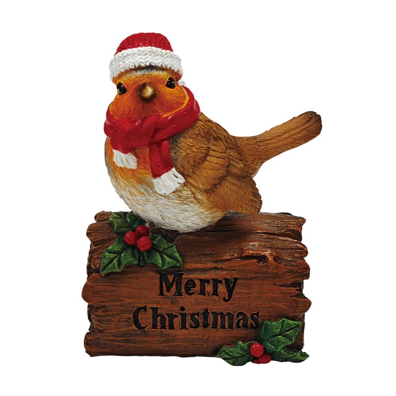 Poly Christmas Bird on Stump 10x6.5x13cm