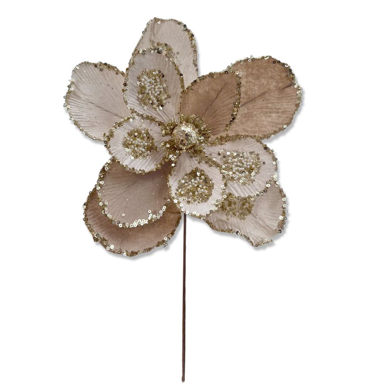 Christmas Flower with Beads 30x30cm Champagne