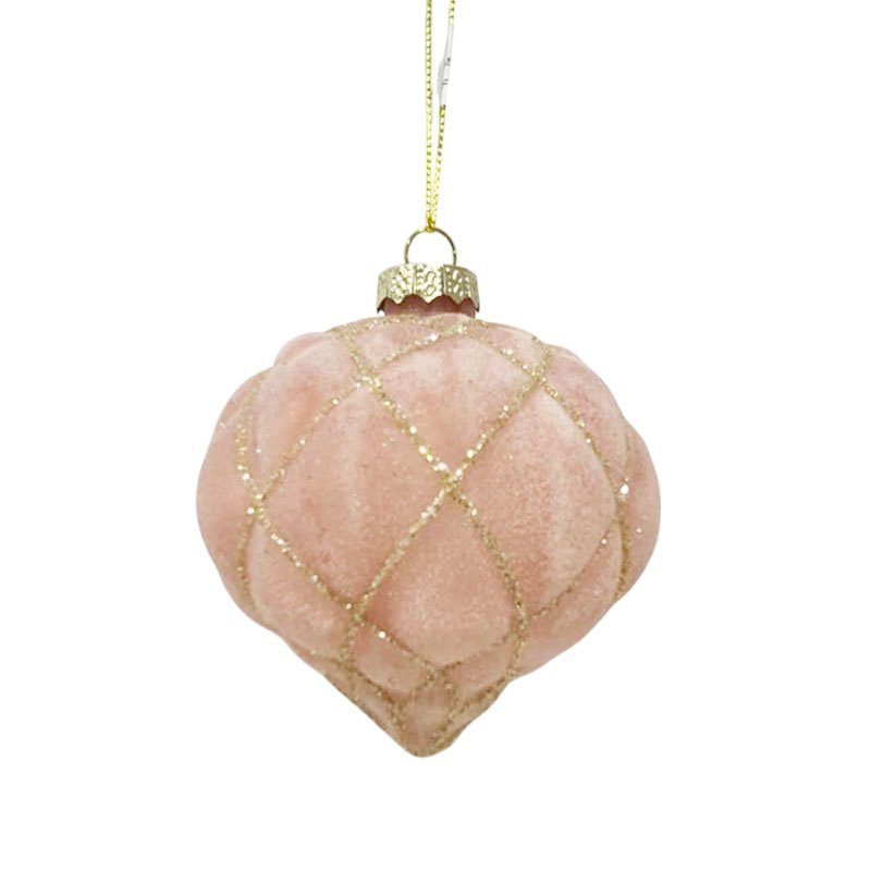 Christmas Glass Bauble Onion Flocked 8cm Pink