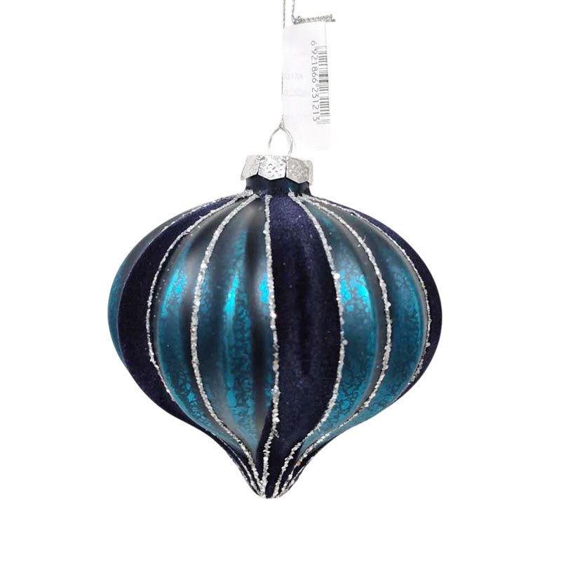 Christmas Glass Bauble 2tone Onion 10cm Blue