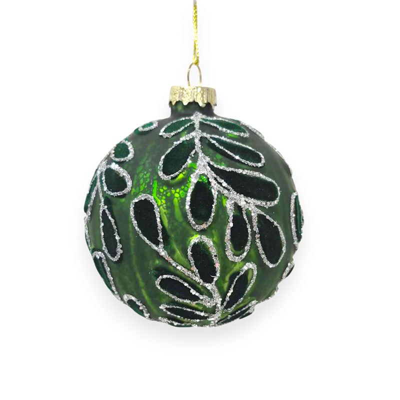 Christmas Glass Bauble Floral Pattern 8cm Green