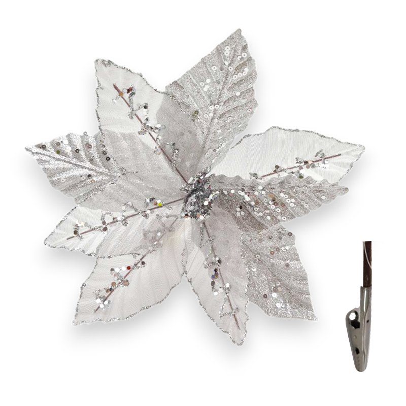 Christmas Flower with Clip 25x15cm Silver
