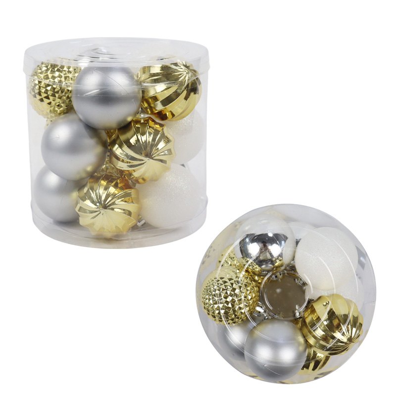 Christmas Bauble Set 5cm 15pc Gold+Silver+white