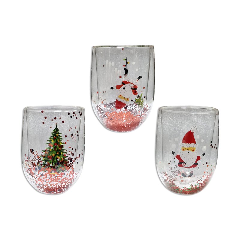 Christmas Glitter Glass Cup Double Wall 300ml 7.5cm Dia. X 11cmH