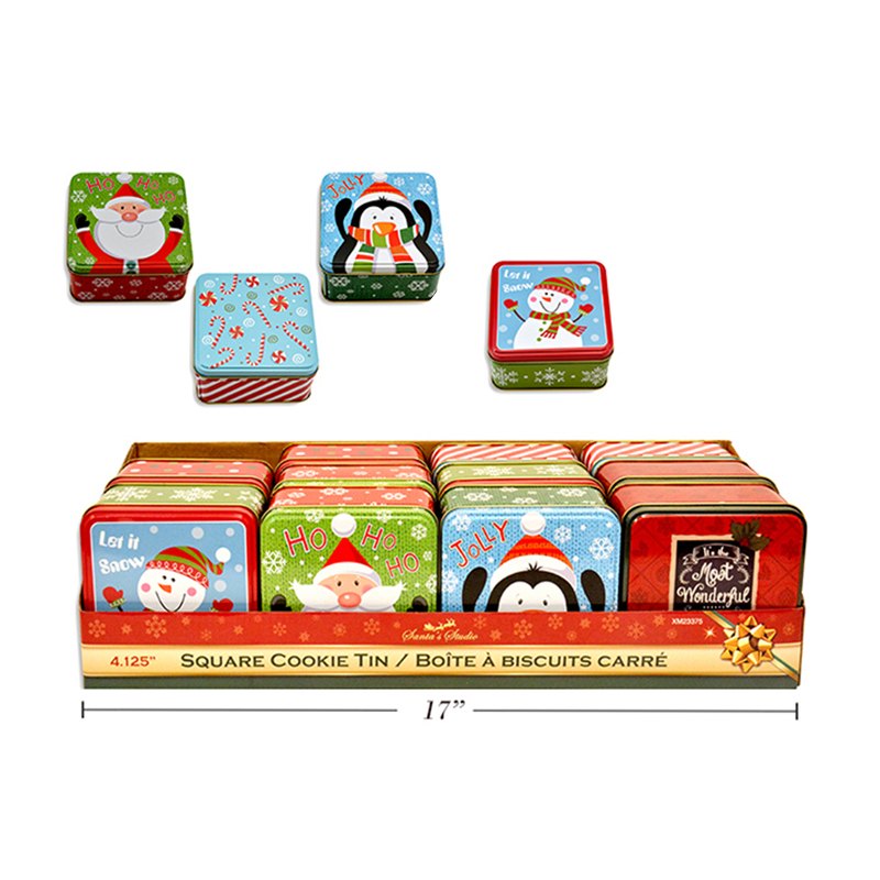 Christmas Tin Cookie Box Sqr 10.5x10.5x5.7cm 6 Assorted