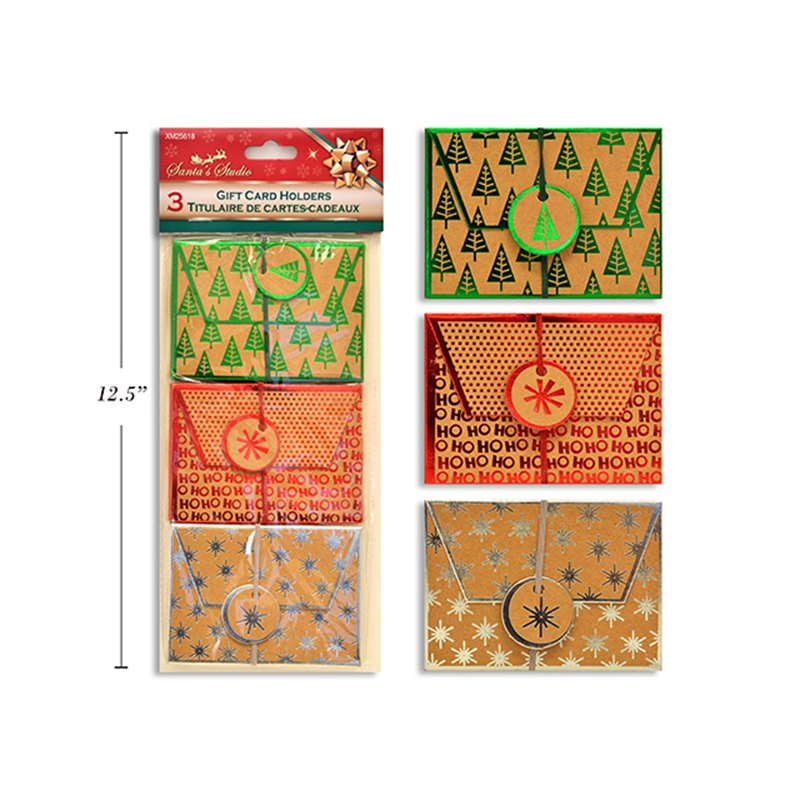 Christmas Gift Card Holders 3pk 11.43x8.25cm Craft with Foil Hotstamp 3 Assorted