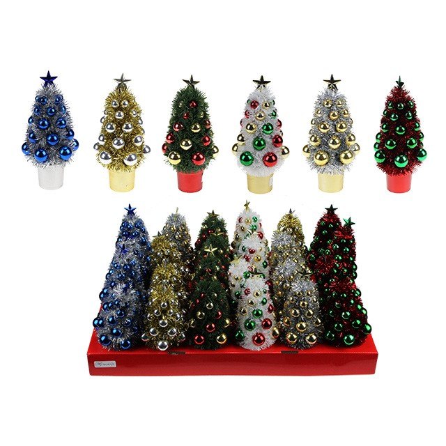 Christmas Tinsel Mini Tree 20cm with Ornaments & Star Tree Topper Display Box