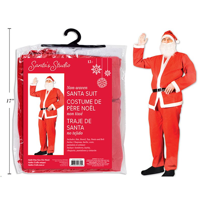 Christmas Adult Santa Suit Non-woven One Size Fits Most Incl: Hat/Beard/Top/Pants/Belt