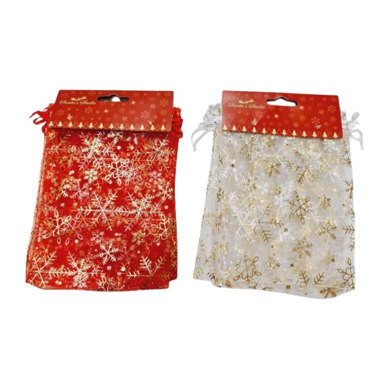 Christmas Organza Bag Snowflake 5pk 13X18CMH Assorted Colours