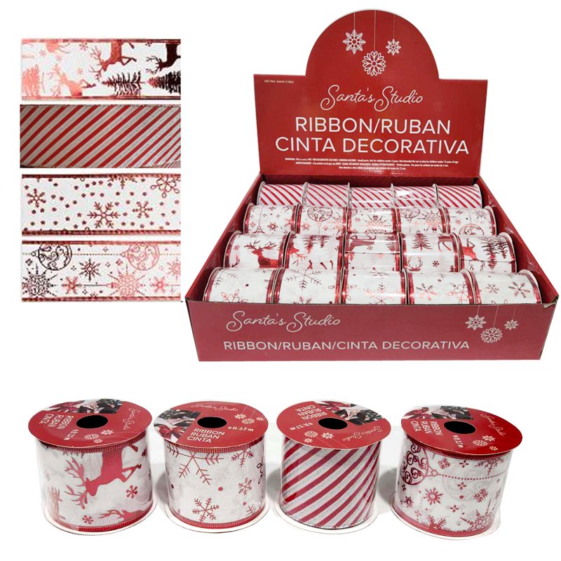 Christmas Ribbon Wired 6.3cmx2.74m White/Red Burlap 4 Assorted
