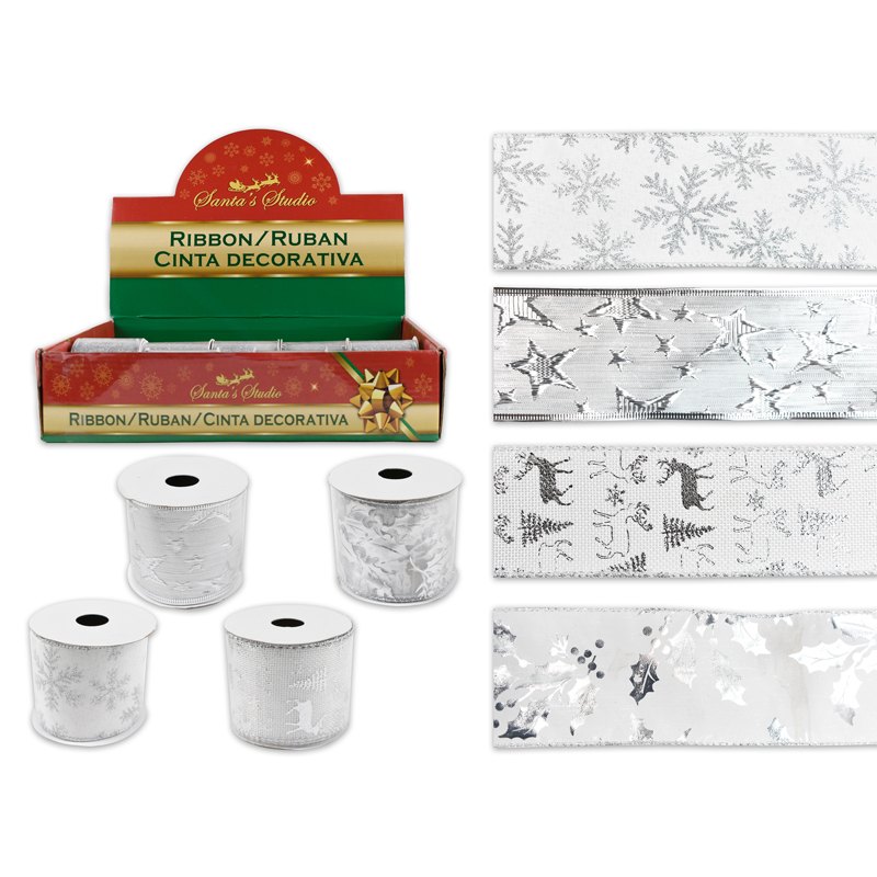 Christmas Ribbon Wired 6.35cmx3yd (114.3cm) Silver+White Burlap/Organza/Satin 4 Assorted