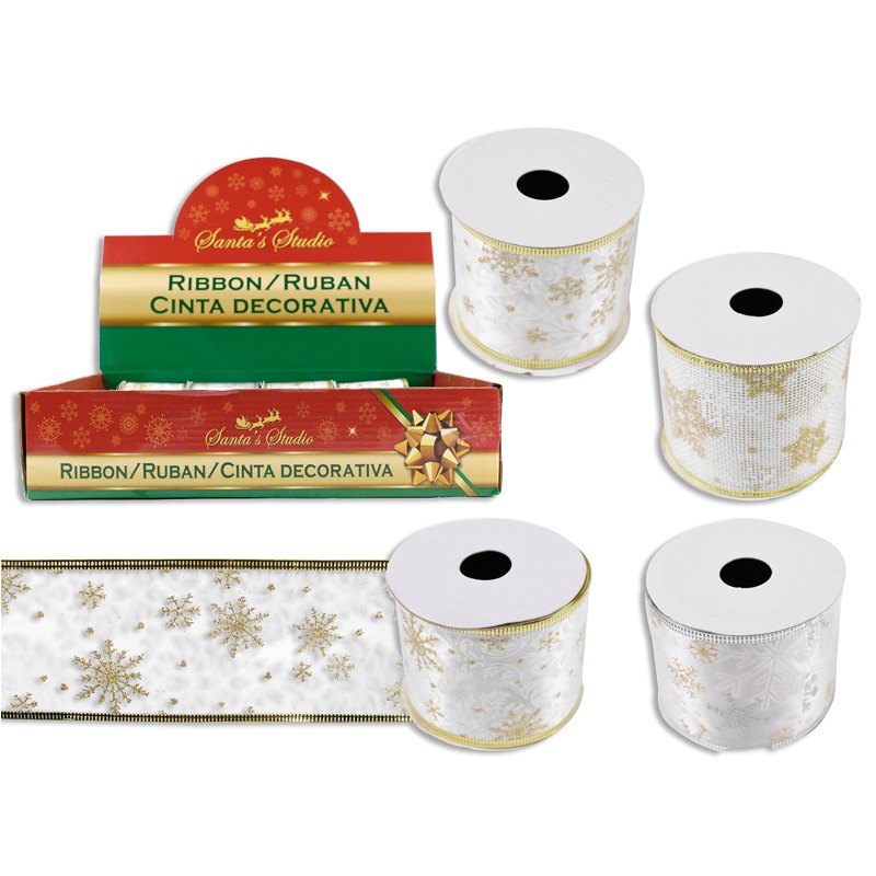 Christmas Ribbon Wired 6.35cmx3yd (114.3cm) White/Gold Burlap/Satin 4 Assorted