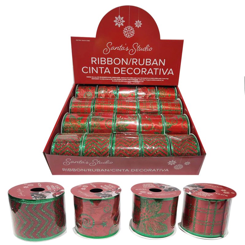 Christmas Ribbon 6.35x274cm Green/Red Burlap/Satin/Organza 4 Assorted