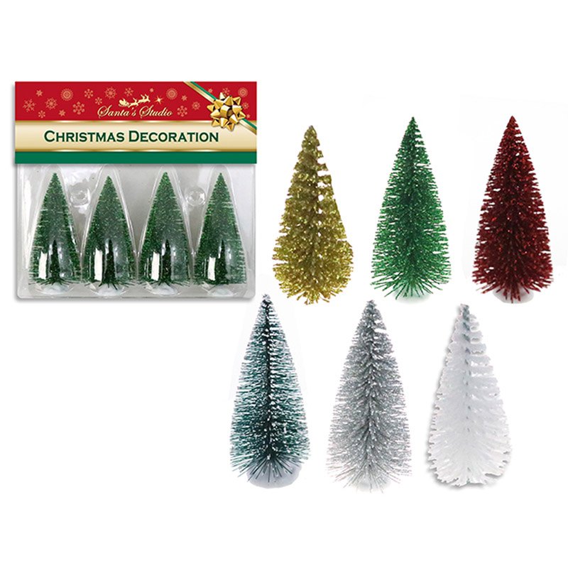 Christmas Mini Tree 4pk Snow Tipped/Glitter 9.5cm 6 Assorted