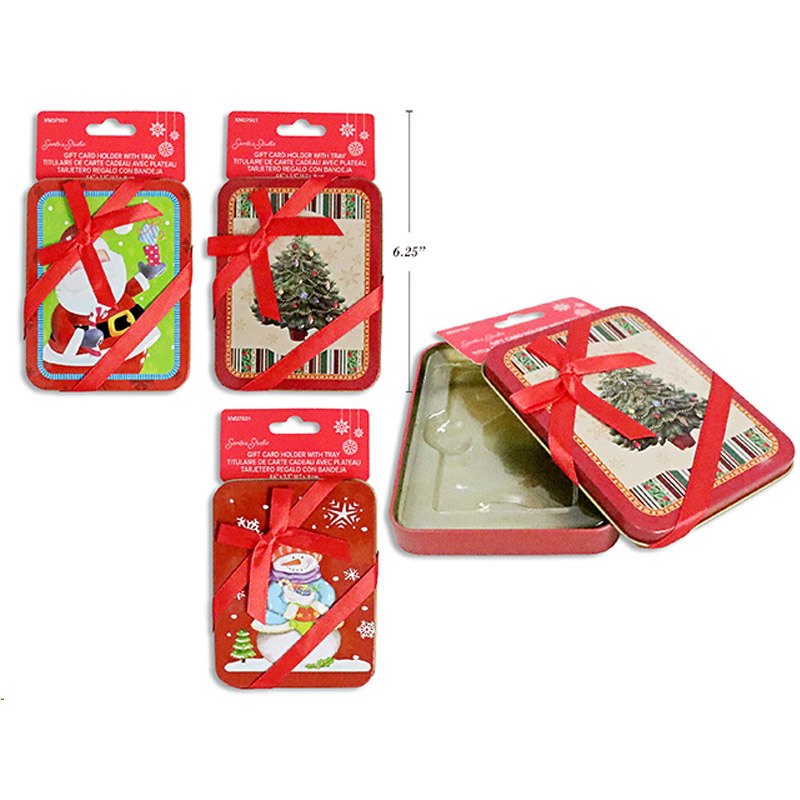 Christmas Gift Card Holder Tin with Satin Ribbon Incl.PVC Tray.4 Assorted 9.3x11.7x1.5cm