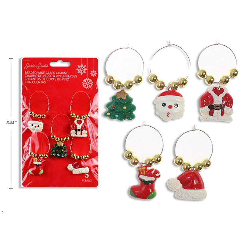 Christmas Wine Charm 5pk Polyresin Beaded 5cm