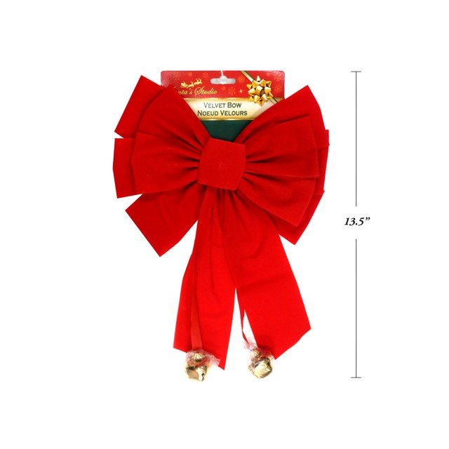 Christmas Bow Red Velvet with 2 Jingle Bells 26x39cm