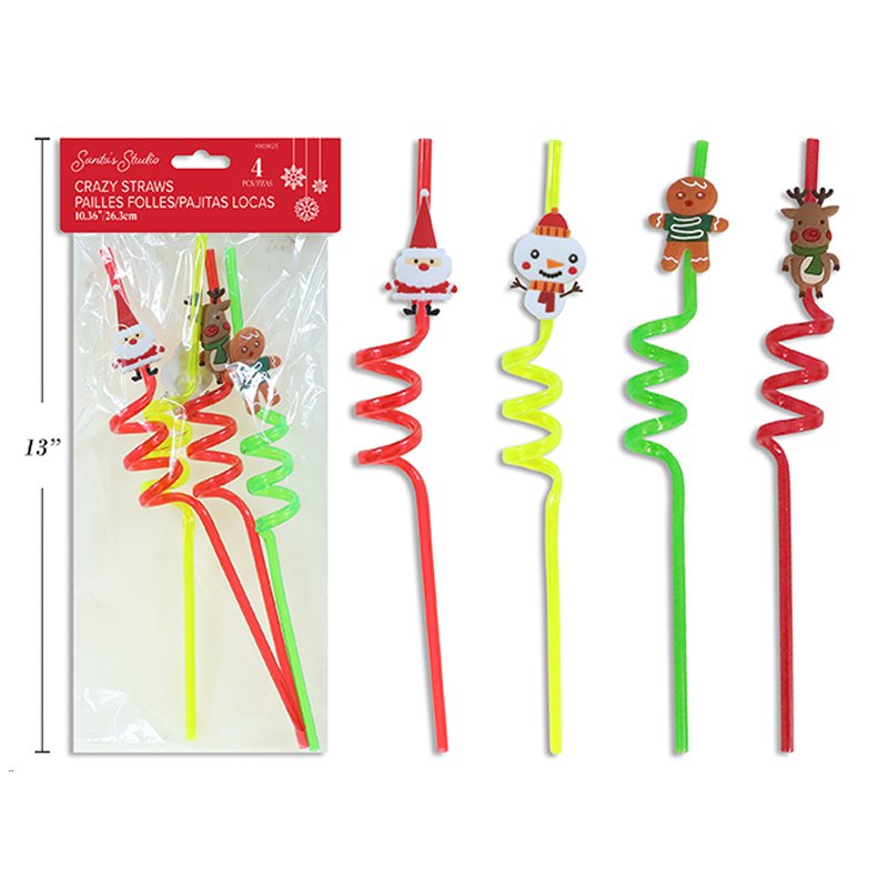 Christmas Crazy Straws 4pk 26cm Assorted Styles/PK