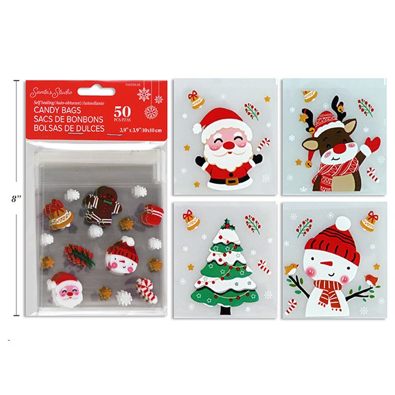 Christmas Self Sealing Cello Candy Bag 50pk 10cm 4 Assorted