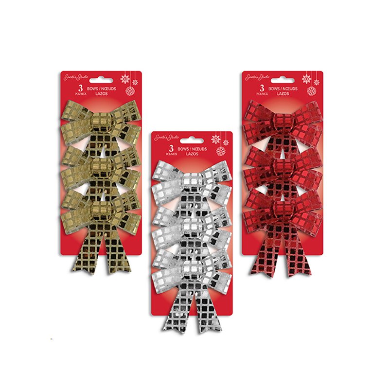 Christmas Bow Metallic Glitter Grid PVC 3pk Assorted Colours 13x10cm