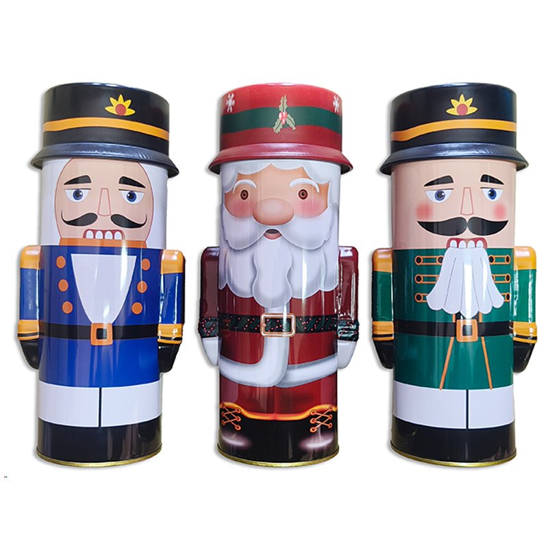 Christmas Tin Shiny Nutcracker / Santa Box with 3D Matte Hat 24cmHx8.5cmDia. 3 Assorted