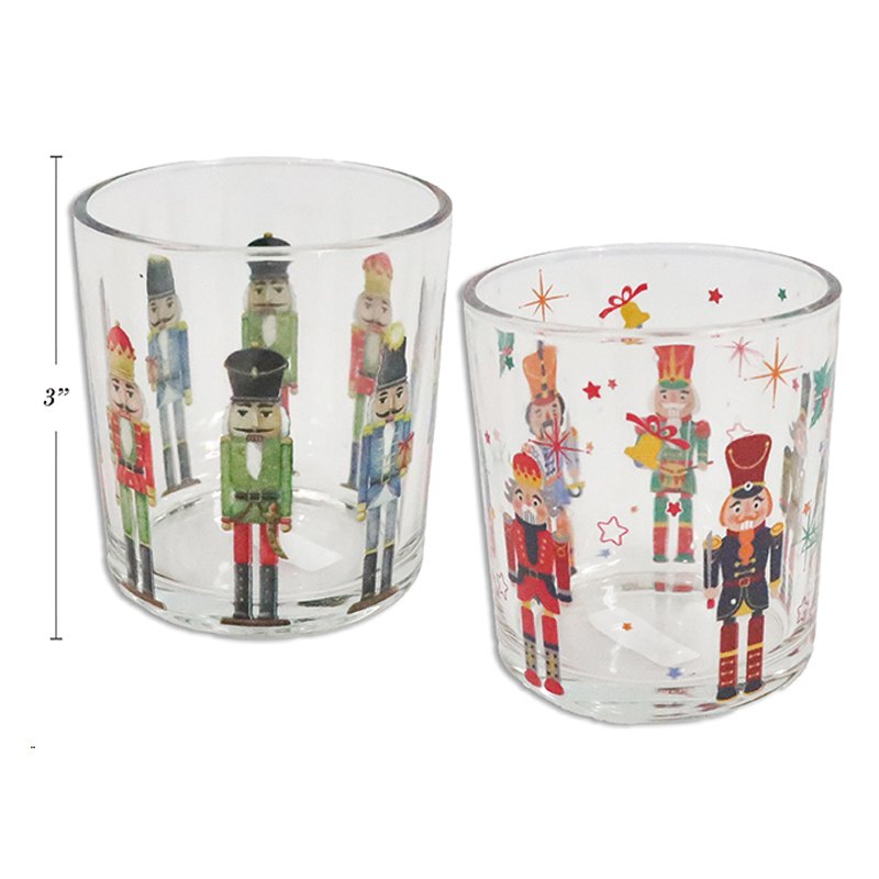 Christmas Candle Holder 8cm Glass 2 Assorted Nutcracker Dsn