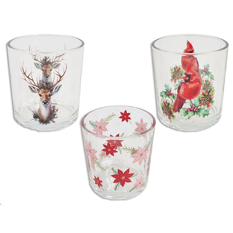 Christmas Candle Holder 8cm Glass 3 Assorted Cardinal / Reindeer / Poinsettia
