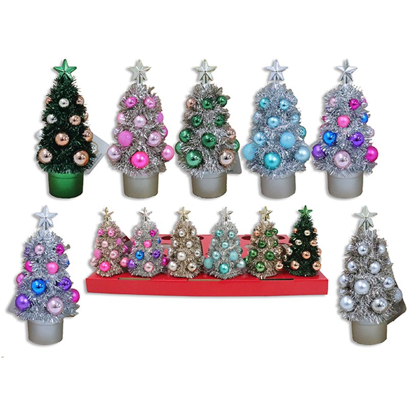 Christmas Tinsel Mini Tree with Ornament & Star Assorted Colours 17cm