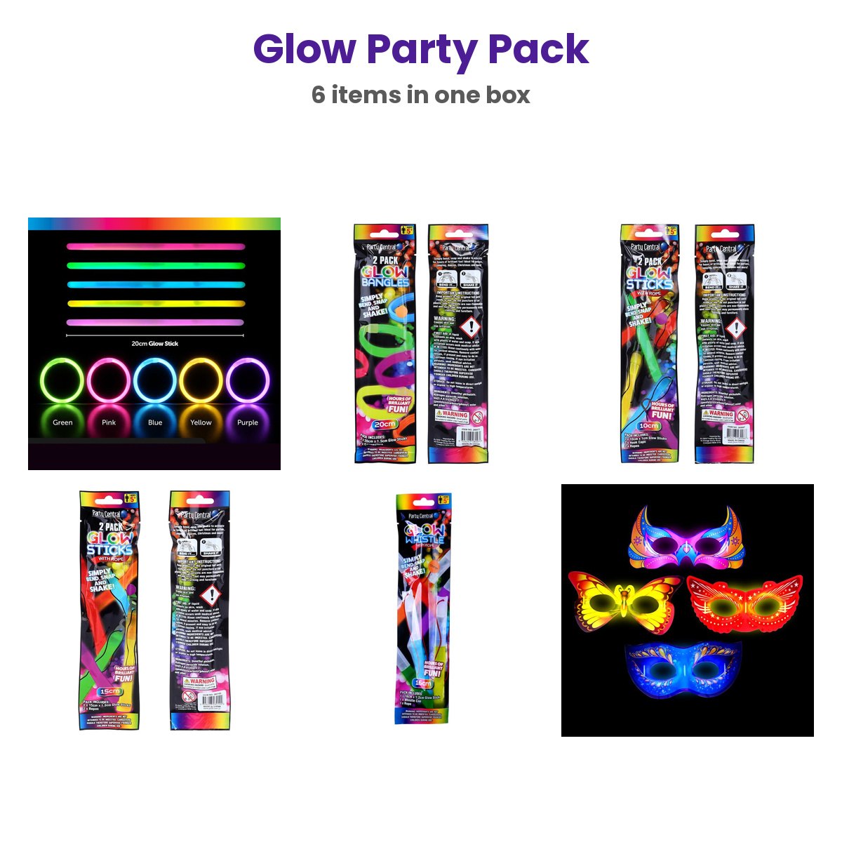Glow Party Pack (Bracelets, Bangles, Glow Sticks, Whistle & Mask)