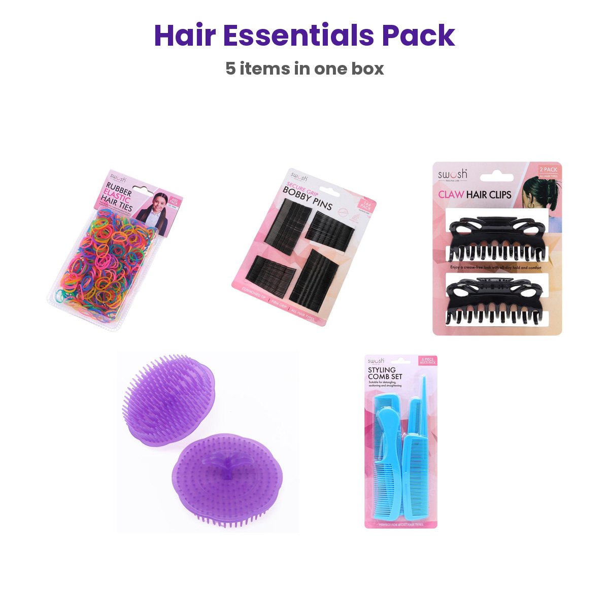 Hair Essentials Pack (600 Elastics, 144 Bobby Pins, Claw Clips, Scalp Brush & 6 Combs)