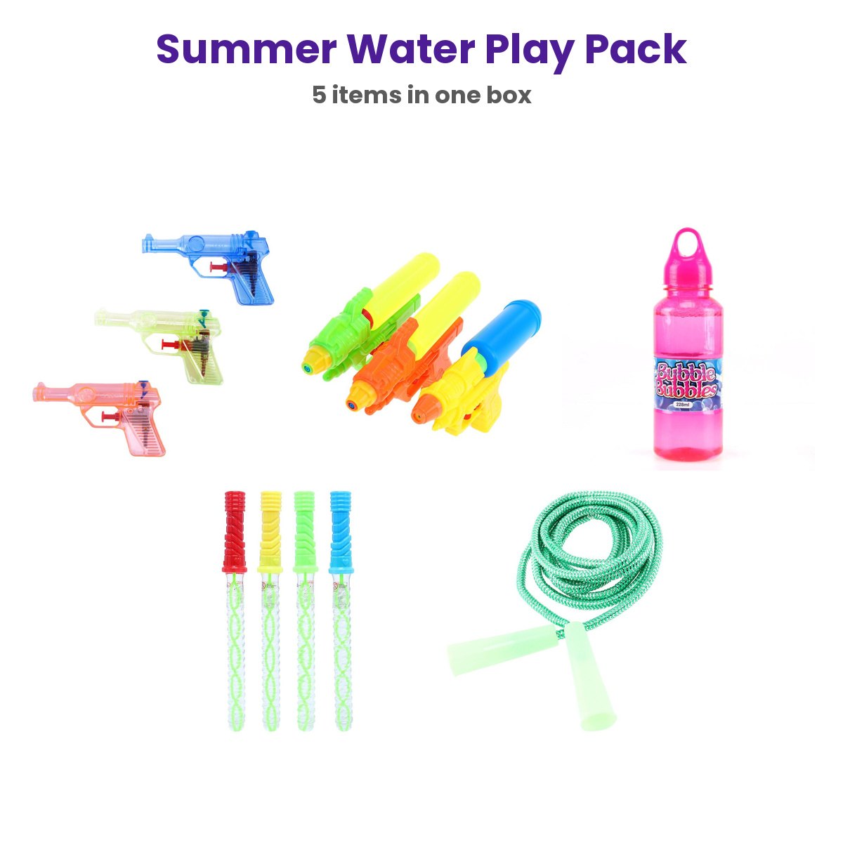 Summer Water Play Pack (Water Guns, Bubbles & Skipping Rope)