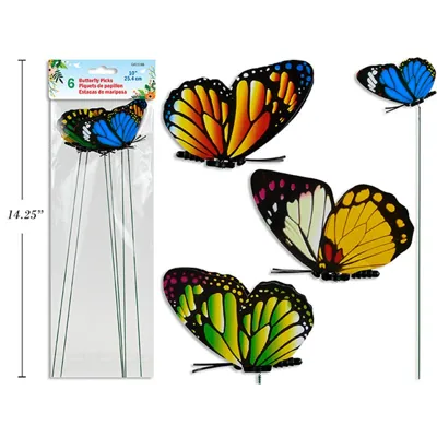 Garden Butterfly Picks 6pk 2.54cmx10cm