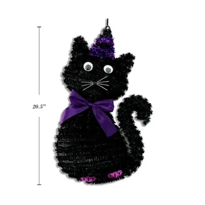 Halloween Tinsel Black Cat with Witch Hat & Ribbon Bow 52x30cm