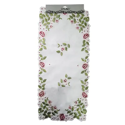 Embroidery Pink Flower W/Green Leaves Runner 40X90CM