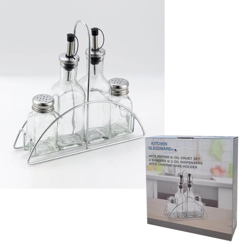 Glass Oil Bottle & Spice Cruet S/4 W/Chrome Wire Holder — photo 1 of 1