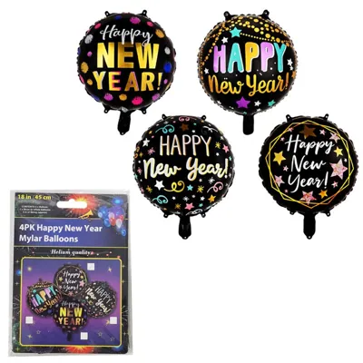 New Year Mylar Ballon 4pk 18" Polybag with Header Card