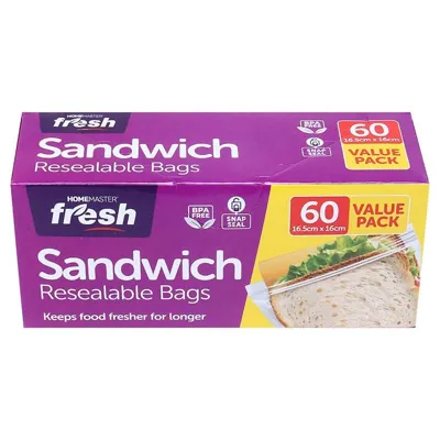 Kitchen Consumables Sandwich Bags Snap Seal 60pk 16cm X 17cm