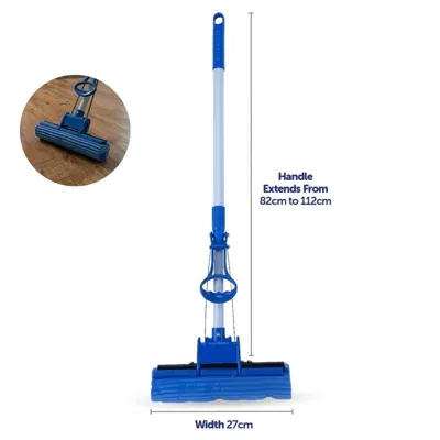 Squeegee Mop with Sponge Head and Telescopic Extendable Handle - Head (27cm) Handle (82cm To 112cm)