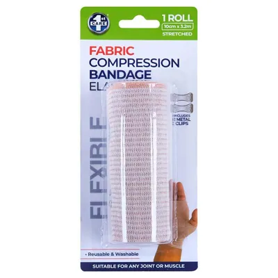 Compression Elastic Bandage Roll Includes 2 Clips 10cm X 1.3m Unstretched - Stretches Up To 3.2m* - Fabric