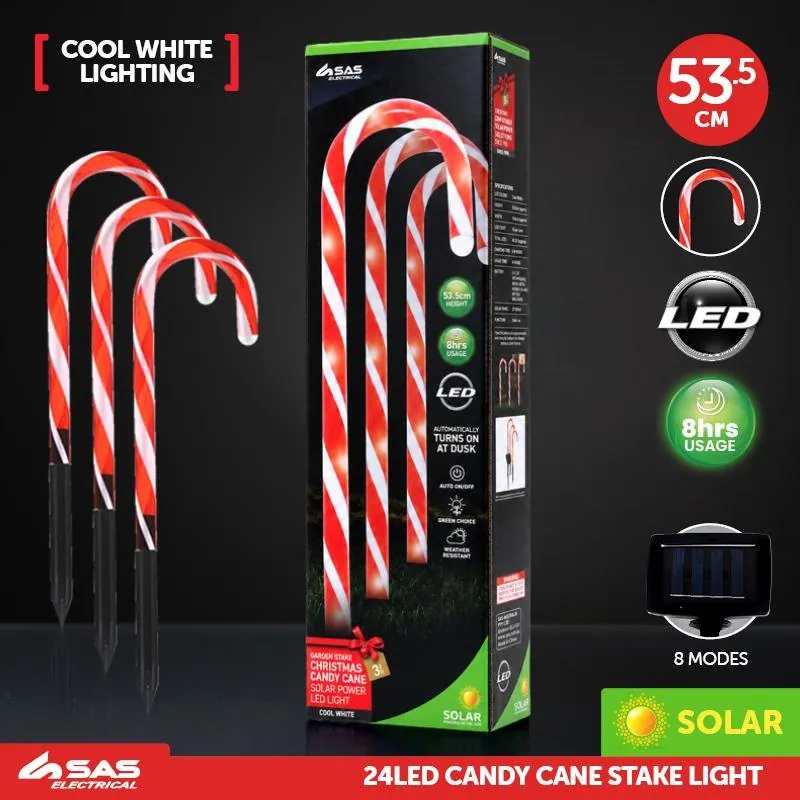 Christmas Stake Light Solar Candy Cane 3pk 24LED (8 Per Stake) 16.5cm X 53.5cm 2.9m Total Length Lead Cool White 8 Functions – image 4