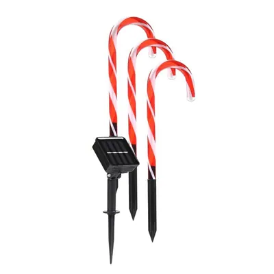 Christmas Stake Light Solar Candy Cane 3pk 24LED (8 Per Stake) 16.5cm X 53.5cm 2.9m Total Length Lead Cool White 8 Functions