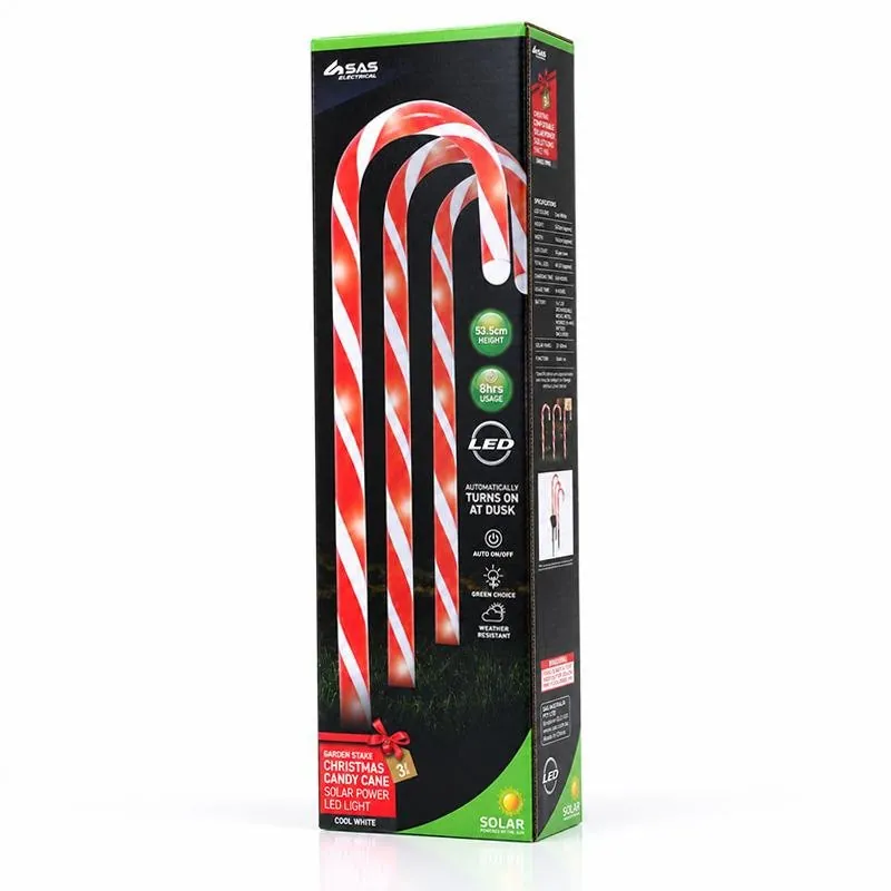 Christmas Stake Light Solar Candy Cane 3pk 24LED (8 Per Stake) 16.5cm X 53.5cm 2.9m Total Length Lead Cool White 8 Functions – image 3