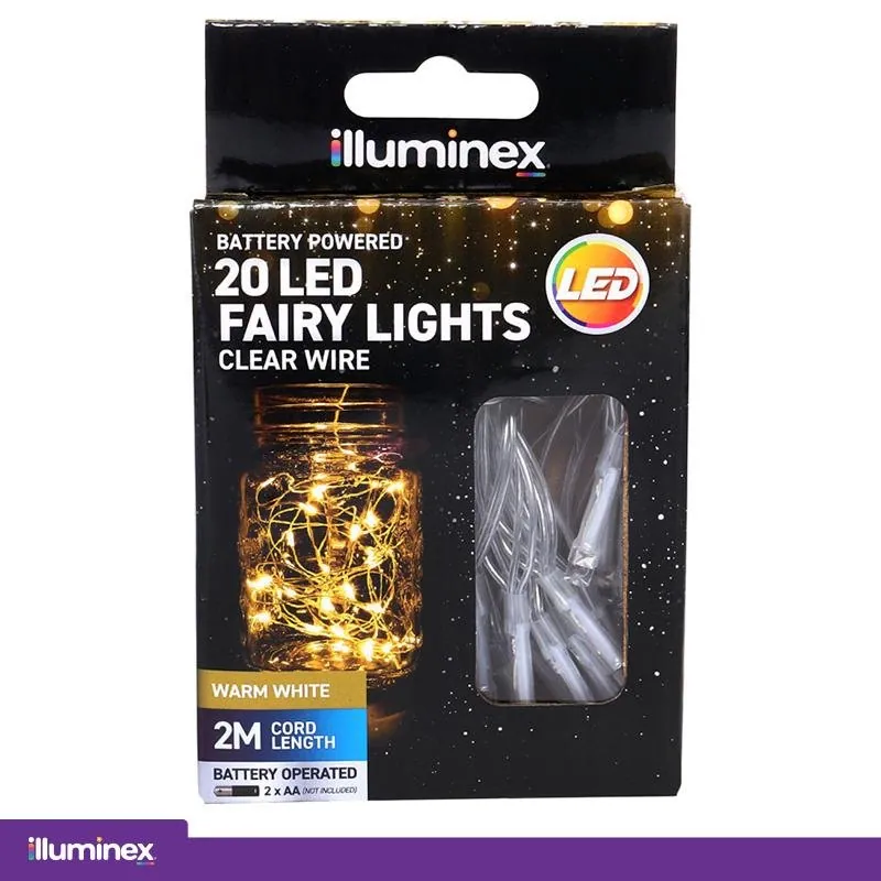Fairy Lights Battery Operated 20 LED 2m Warm White 2 Function Clear Wire – image 4