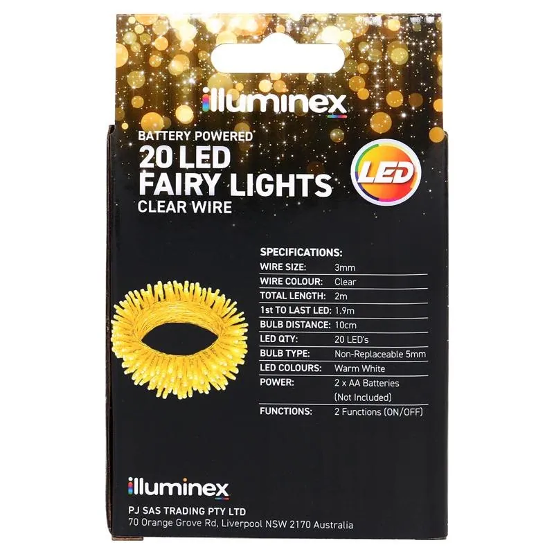 Fairy Lights Battery Operated 20 LED 2m Warm White 2 Function Clear Wire – image 3