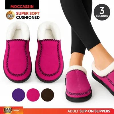 Slippers Womens Mocassin Plain Brown, Pink & Purple 3 Sizes: S,m,l