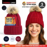 Beanie Womens Heat Control Thermal Lined Pom Pom Chunky Ribbed Knit Navy, Maroon & Cream – image 4