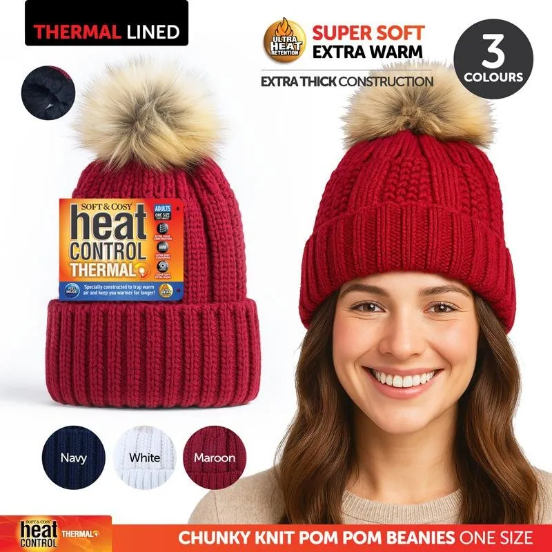 Beanie Womens Heat Control Thermal Lined Pom Pom Chunky Ribbed Knit Navy, Maroon & Cream – image 4