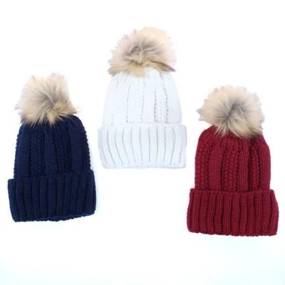 Beanie Womens Heat Control Thermal Lined Pom Pom Chunky Ribbed Knit Navy, Maroon & Cream