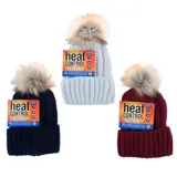Beanie Womens Heat Control Thermal Lined Pom Pom Chunky Ribbed Knit Navy, Maroon & Cream – image 3