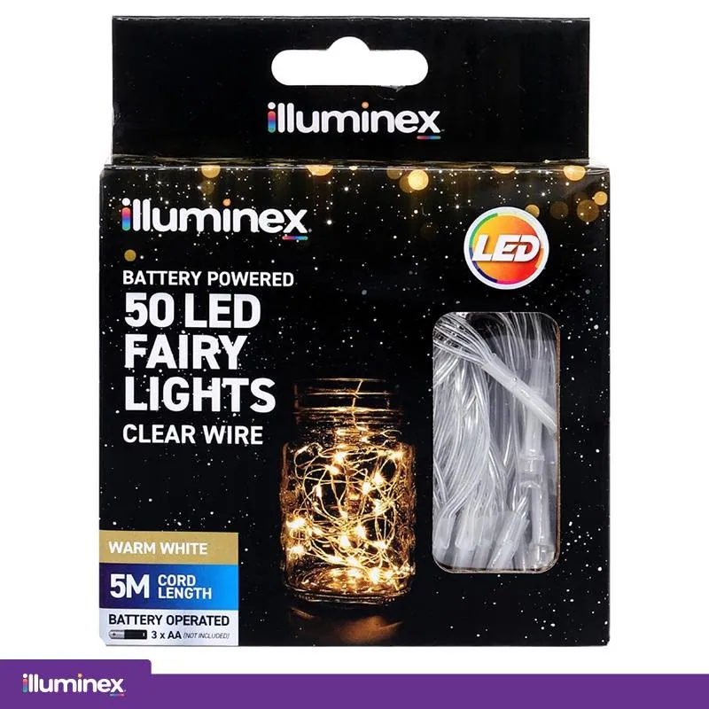Fairy Lights Battery Operated 50 LED 5m Warm White 2 Function Clear Wire – image 4